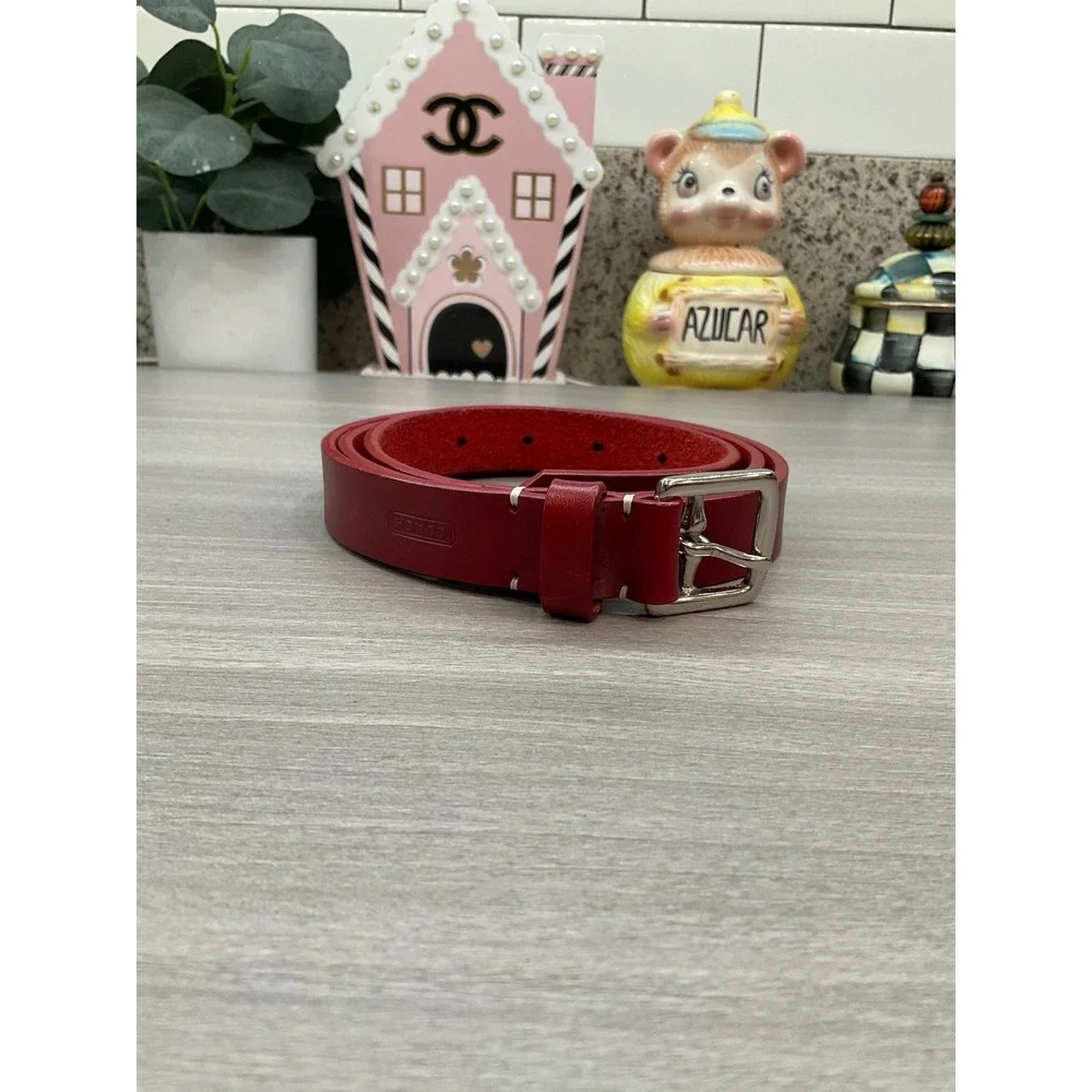 WOMENS COACH DARK RED LEATHER BELT SILVER BUCKLE MADE IN ITALY BRASS